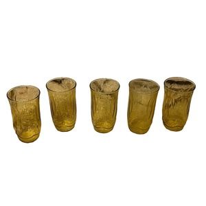 Anchor Hocking Vintage Yellow Amber Tulip Drinking Glass Tumblers Set of 5